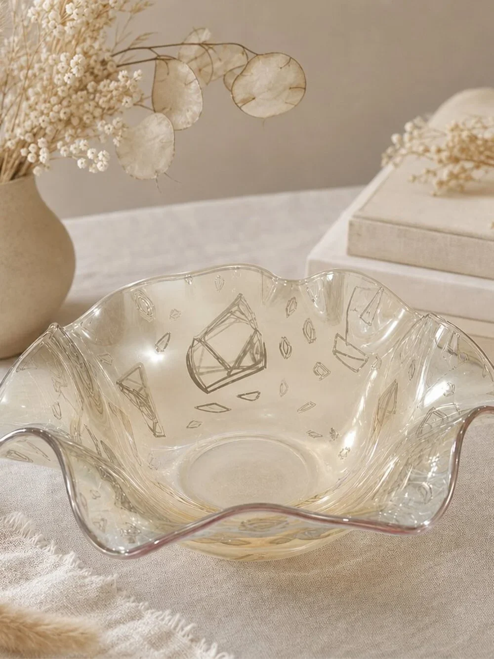 Vintage Indiana Glass Iridescent Console Bowl – Pink‑Peach Carnival Finish (EUC)